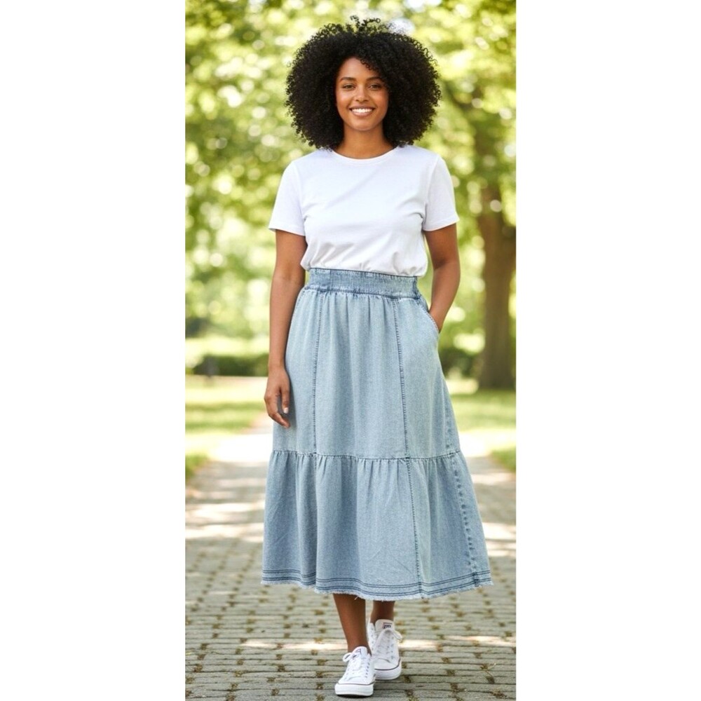 Sundance womens lightweightchambray midi skirt trumpet flare raw hem boho Large